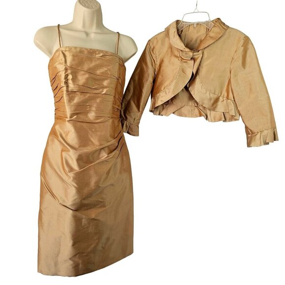 Marisa Baratelli Dresses & Skirts - Marisa Baratelli Gold Silk Sheath + Bolero Size 6 Detachable Spaghetti Strap MOB